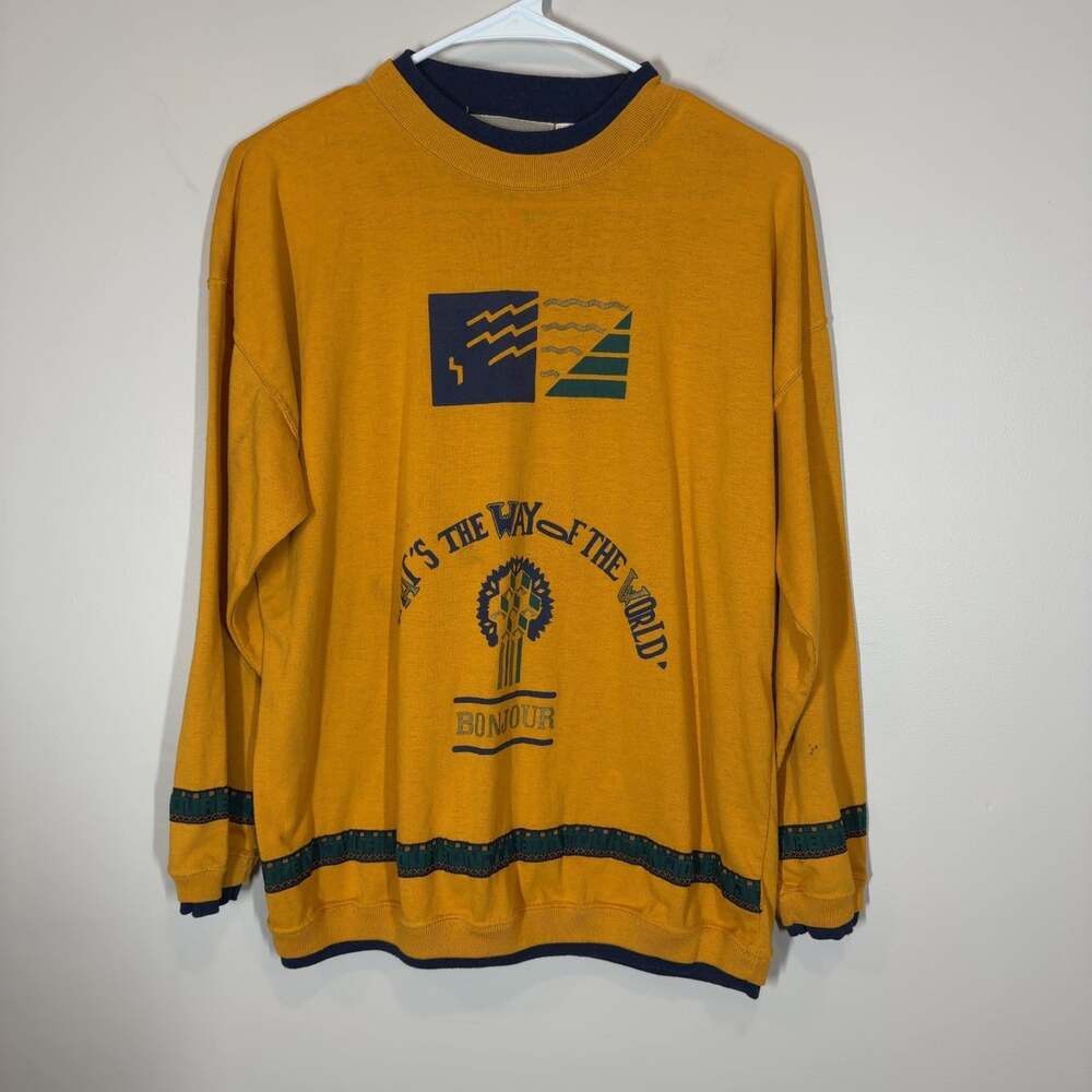 Vintage Bonjour Crewneck Sweatshirt Mustard Graphic Earth Wind Fire L